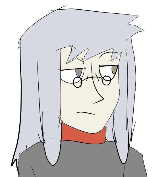 a dismayed looking older man with small spectacles, long grey hair, mismatched eyes, and a red scarf.
