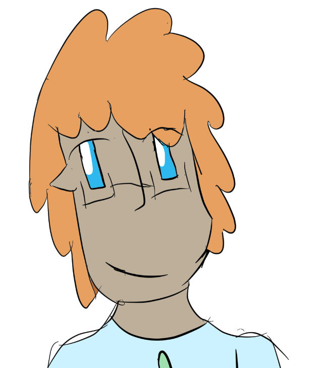 a young man with copper skin, ginger hair, and blue eyes. he is looking over his shoulder with a smile.