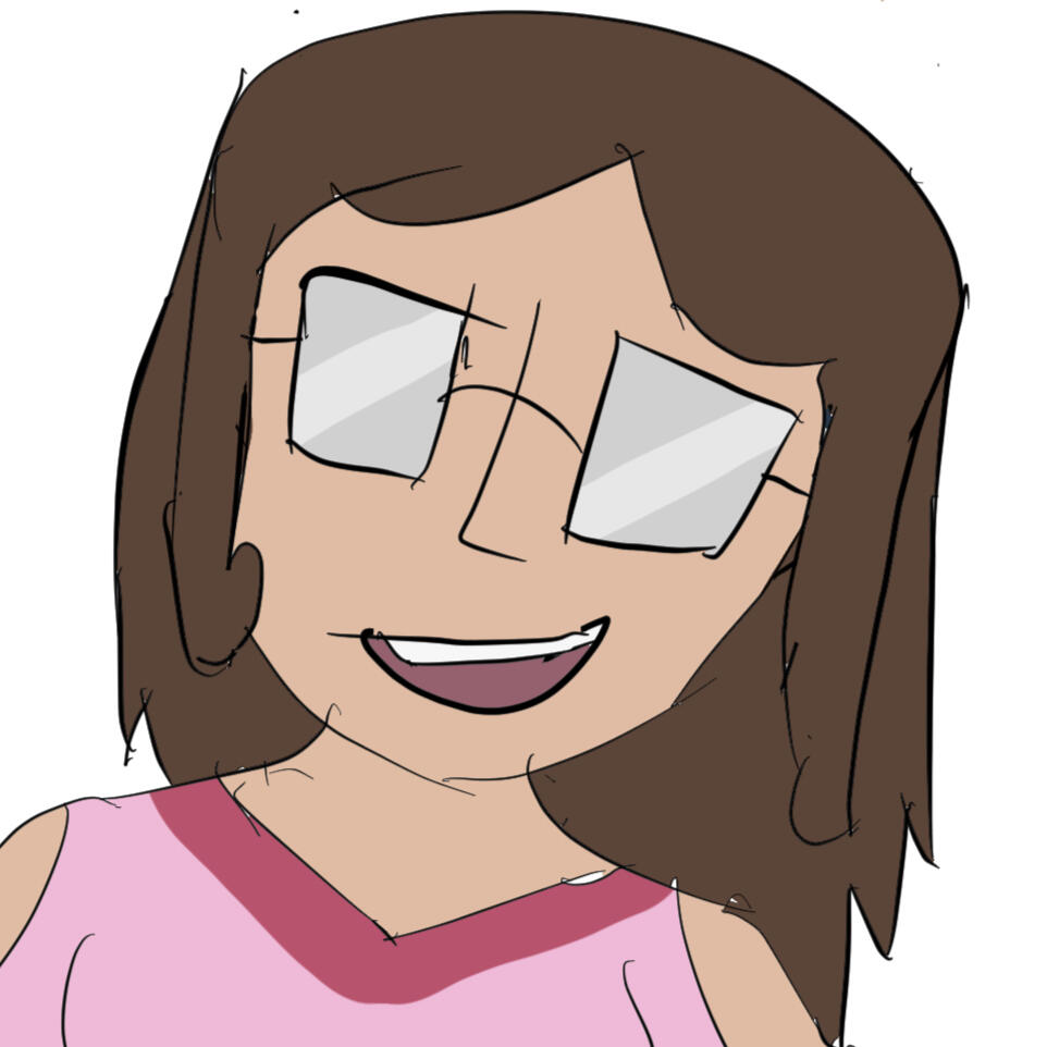a young brown haired girl whose eyes are obscured by thick glasses. she has an excited expression.