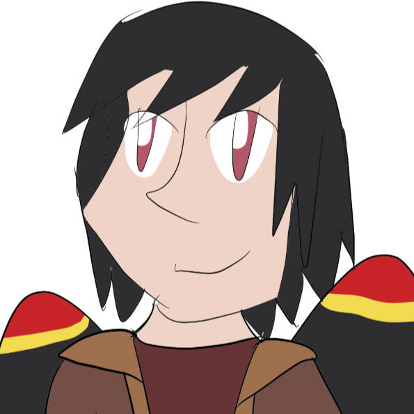 a young man with dark hair, red eyes, and two wings styled liek a red-winged blackbird behind him. he is smiling confidently.