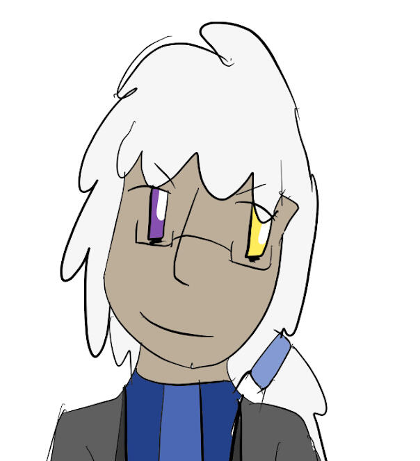 a drawing of a young man with copper skin, white hair, and mismatched eyes. he is smirking.