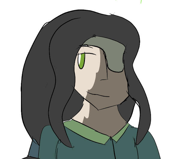 an individual with wavy dark hair and dark skin, half her face is discoloured lighter as if she has vitiligo and one of her eyes is covered by an eyepatch